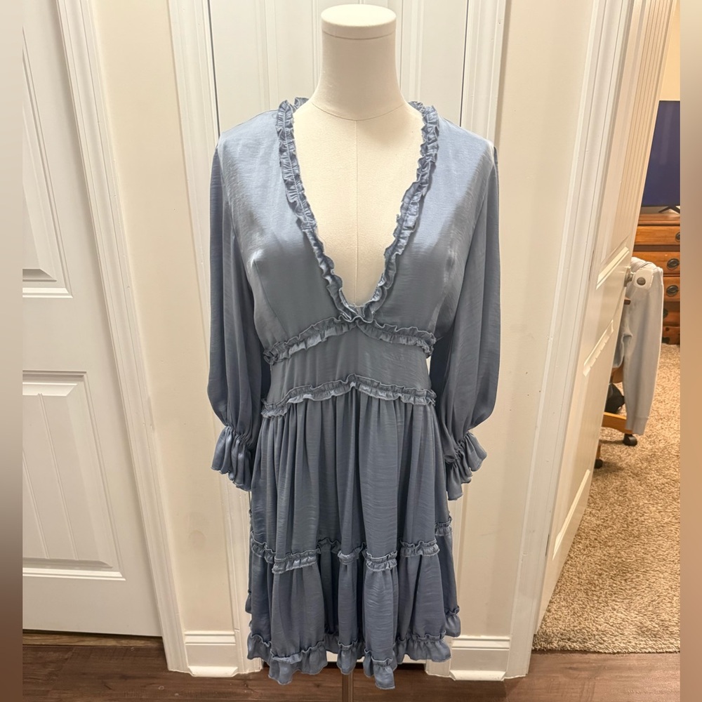 She + Sky Light Blue Tiered Long Sleeve Dress